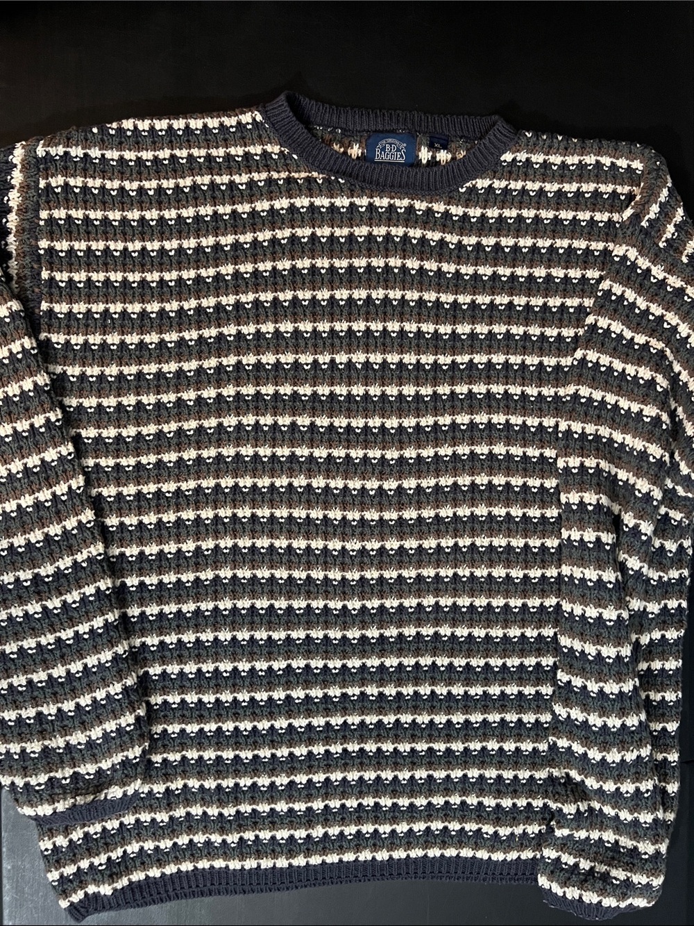 Striped Navy and Cream Crewneck Sweater - Men